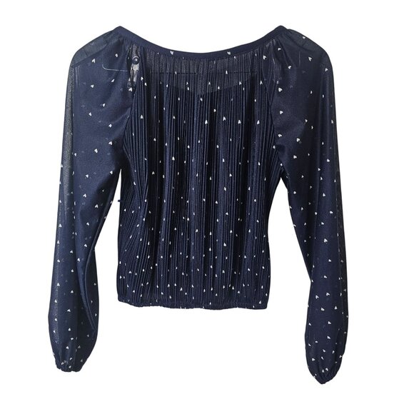 Vintage 70s Sheer Blue Heart Print Waist Cinched Accordian Pleated Crop Top, S/M - Picture 2 of 7